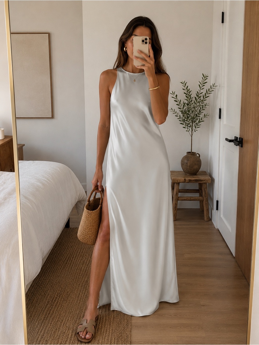 Hugo Minimalist Satin Sleeveless Slit Maxi Dress White Formal Evening Gown 4